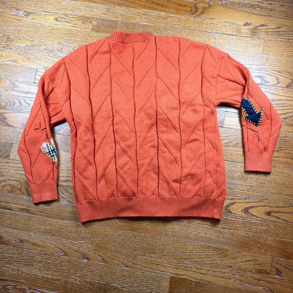 Fall Cable Knit Cardigan Patchwork Sport Dream Embroidered Sweater L New Orange - Picture 7 of 11